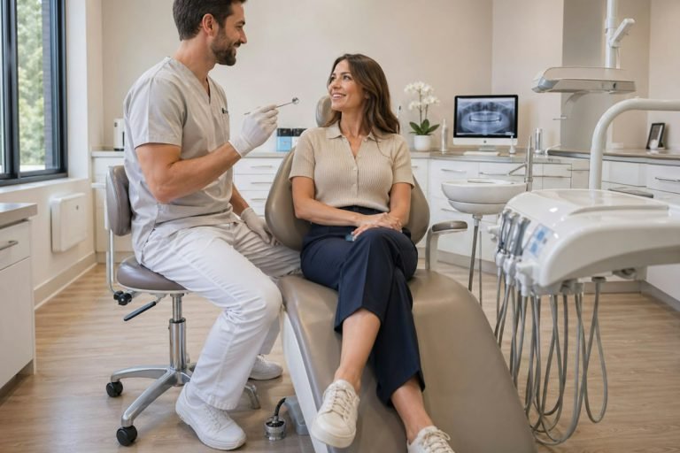 Dentist talking with a patient in a dental chair