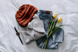 A flat lay of apparel and accessories
