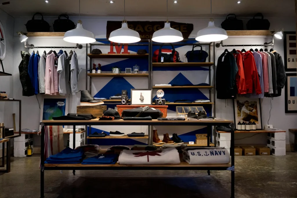 A clothing store interior with folded stock