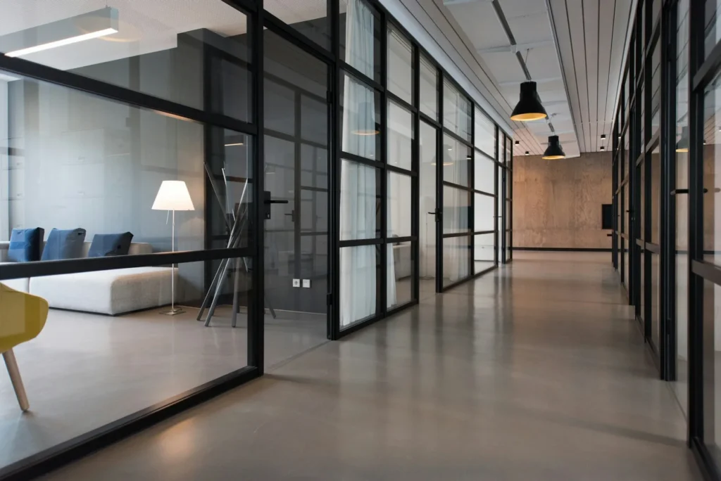 A quiet office interior with glazed meeting rooms